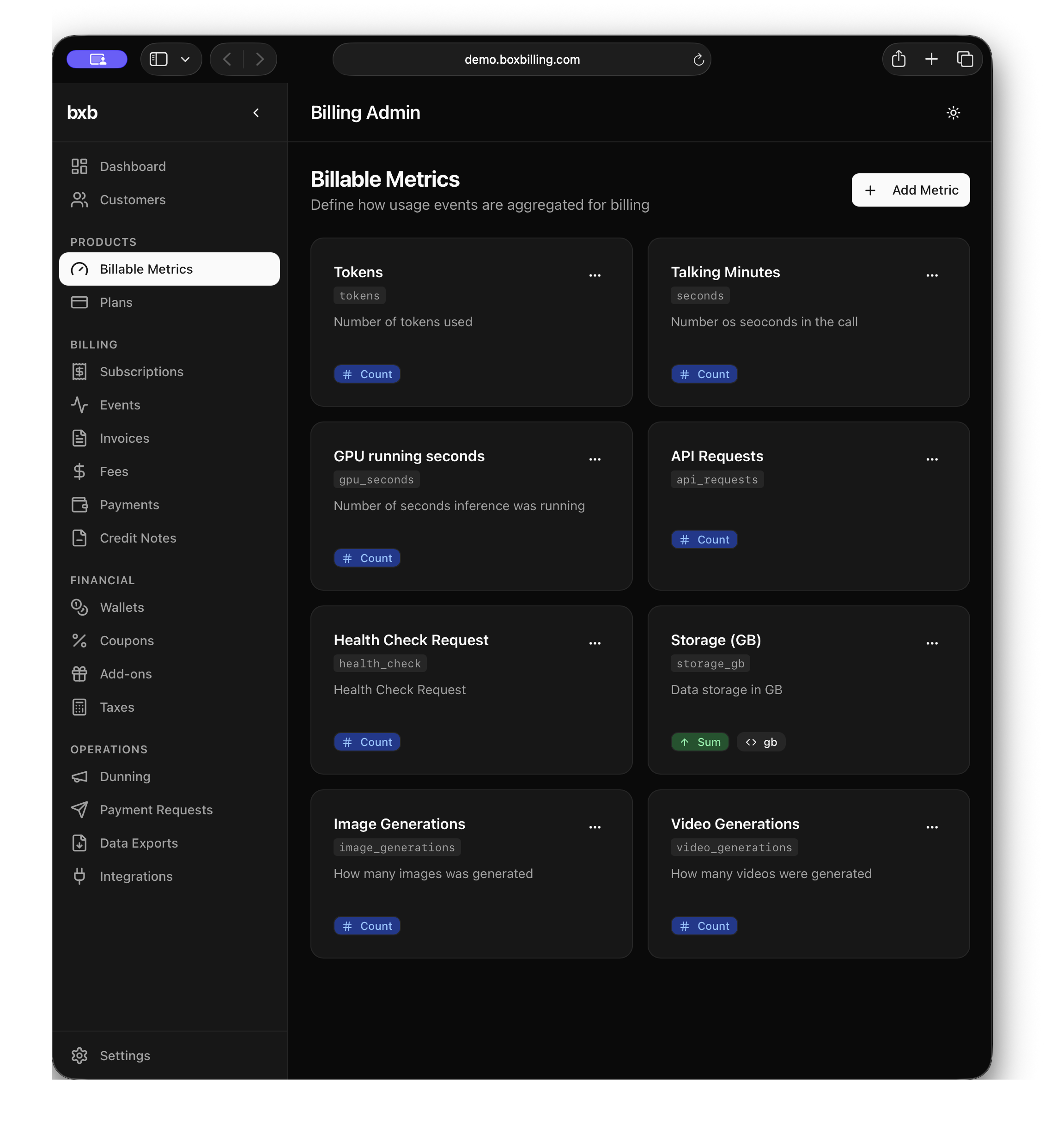bxb Billing Admin Dashboard showing billable metrics management
